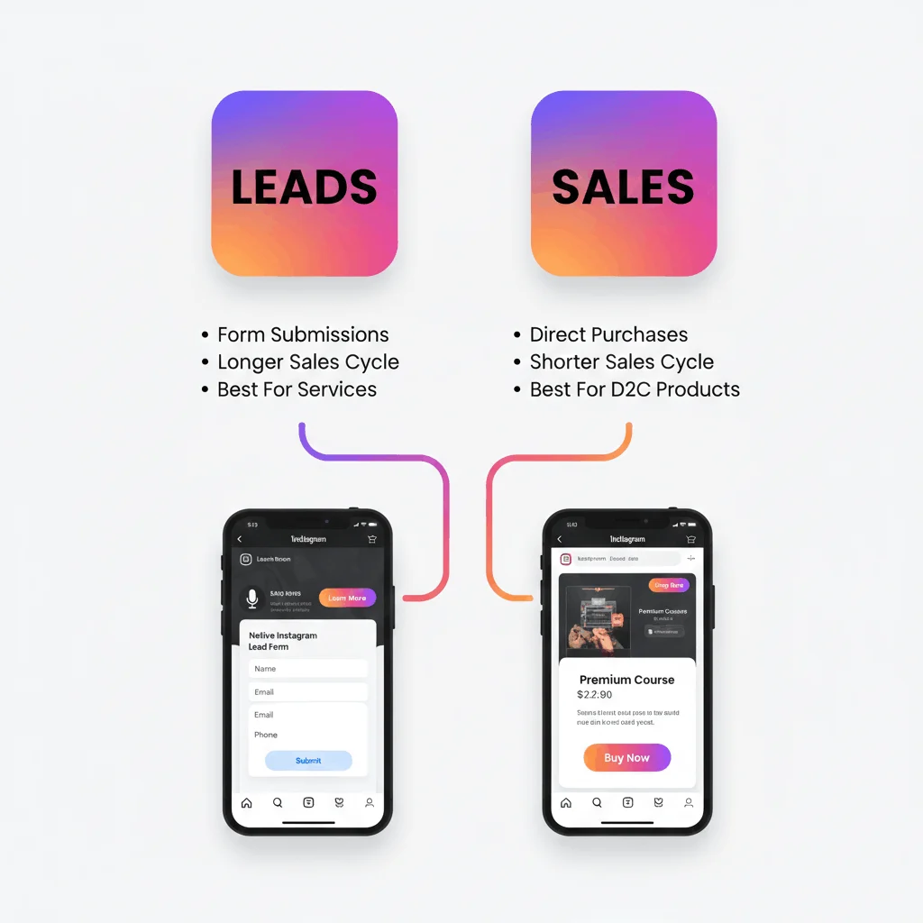 Infographic explaining differences between Instagram leads and sales objectives with example ad flows