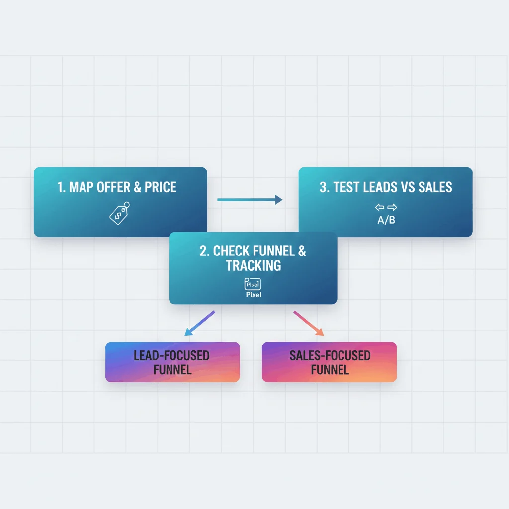 Three-step framework graphic guiding marketers to choose between lead and sales objectives on Instagram