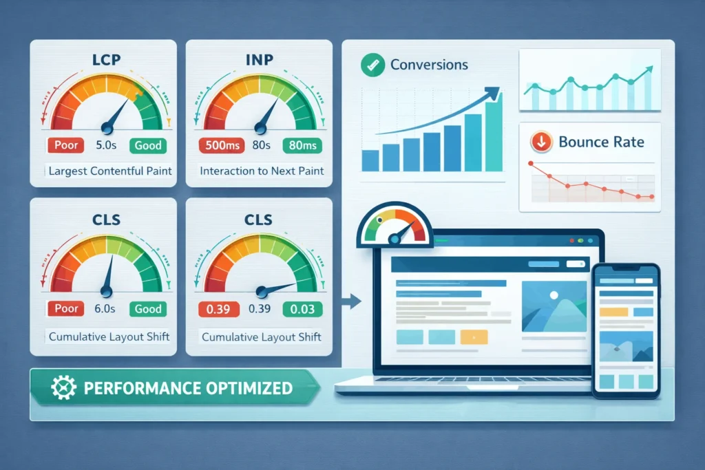 Dashboard showing improved Core Web Vitals and conversions after website performance optimization