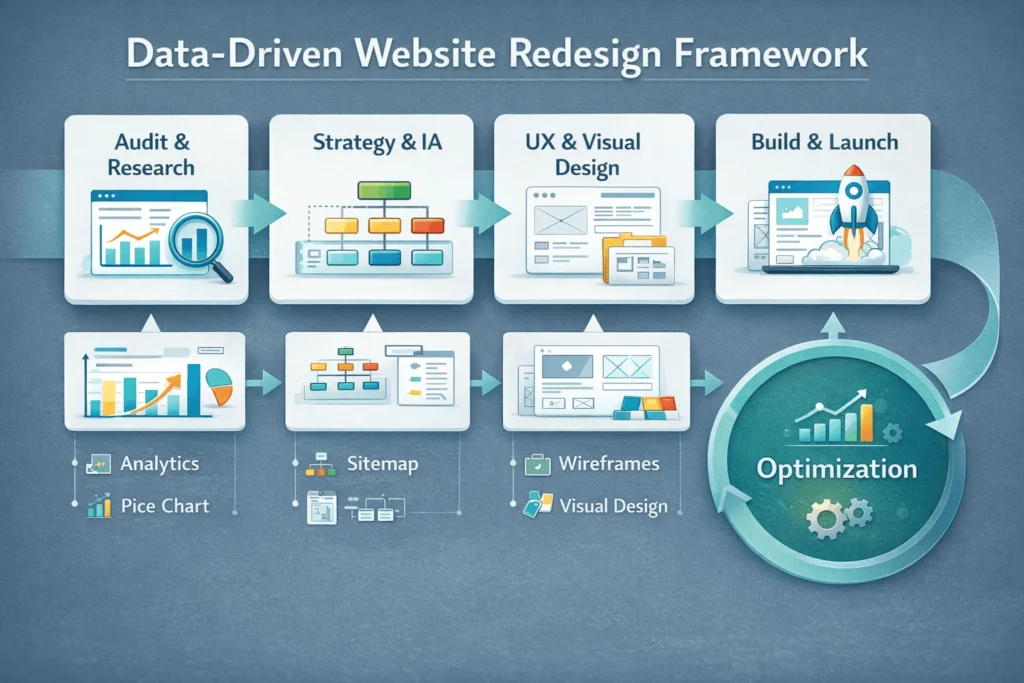 Diagram of a four-stage data-driven website redesign framework from audit to launch