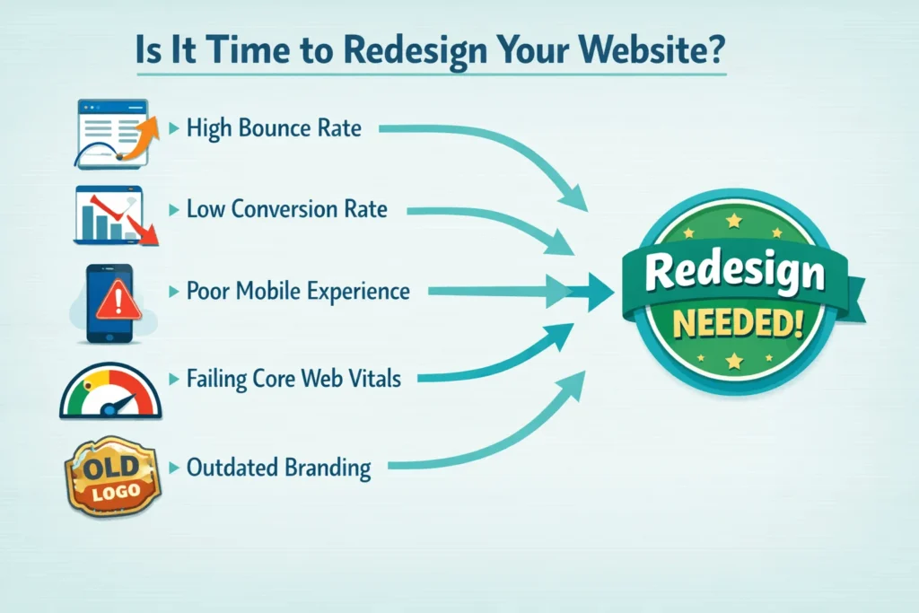 Infographic of performance and UX warning signs that indicate a website redesign is needed
