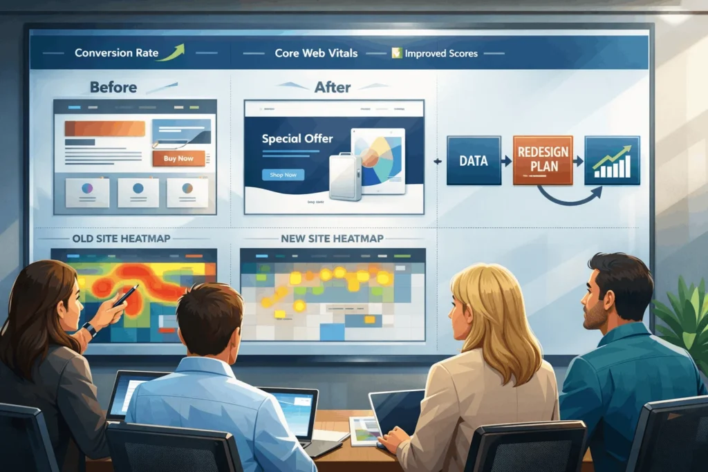 Team analyzing before-and-after website redesign metrics on large screens
