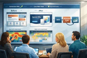 Team analyzing before-and-after website redesign metrics on large screens