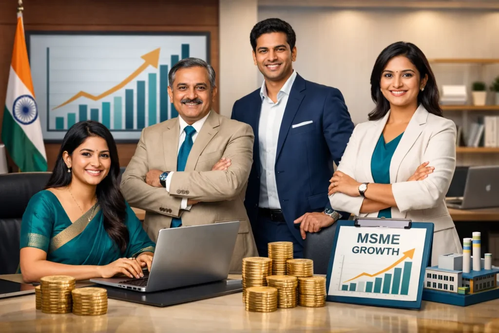 Indian MSME owner displaying certificate at workshop.