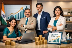 Indian MSME owner displaying certificate at workshop.