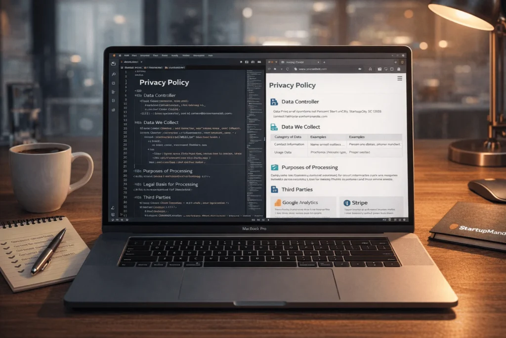 Privacy statement template preview showing complete GDPR + CCPA compliant HTML document in code editor.