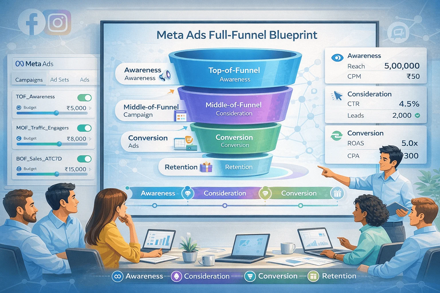 Meta Ads funnel TOF MOF BOF conversion diagram for Facebook Ads strategy
