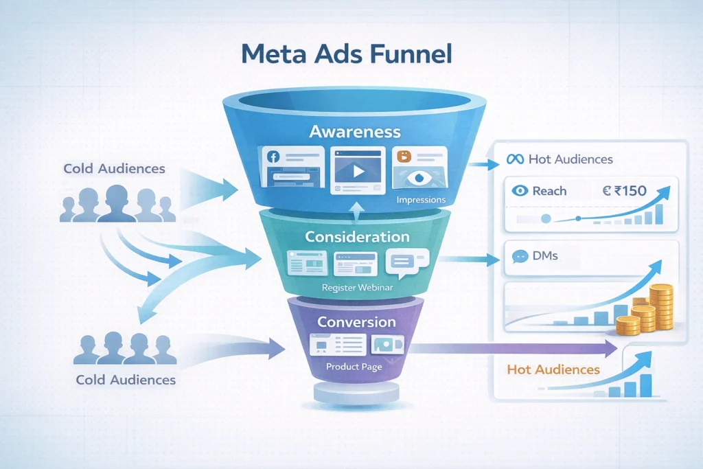 Diagram of a Meta Ads funnel showing awareness, consideration, and conversion stages with example creatives and cold, warm, and hot audiences flowing through