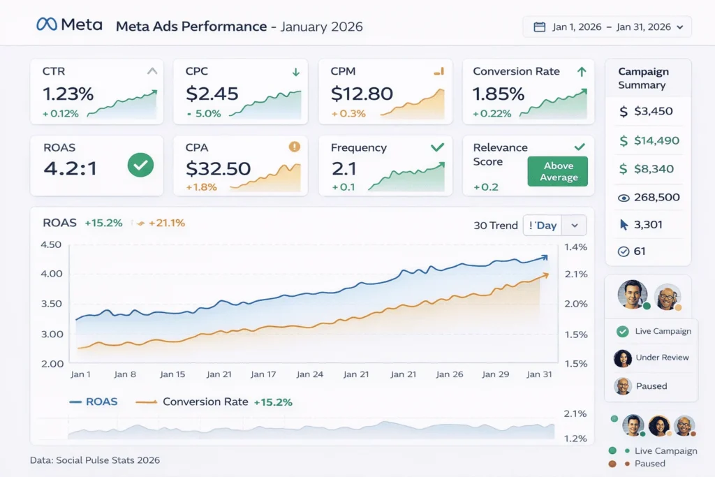 Meta Ads performance dashboard displaying 8 key metrics: CTR 1.23%, CPC $2.45, CPM $12.80, Conversion Rate 1.85%, ROAS 4.2:1, CPA $32.50, Frequency 2.1, Relevance Score Above Average with color-coded status