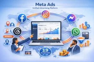 Meta Ads platform ecosystem showing unified advertising across Facebook, Instagram, Messenger, WhatsApp, and Threads with 3.9 billion user reach managed through single Ads Manager dashboard