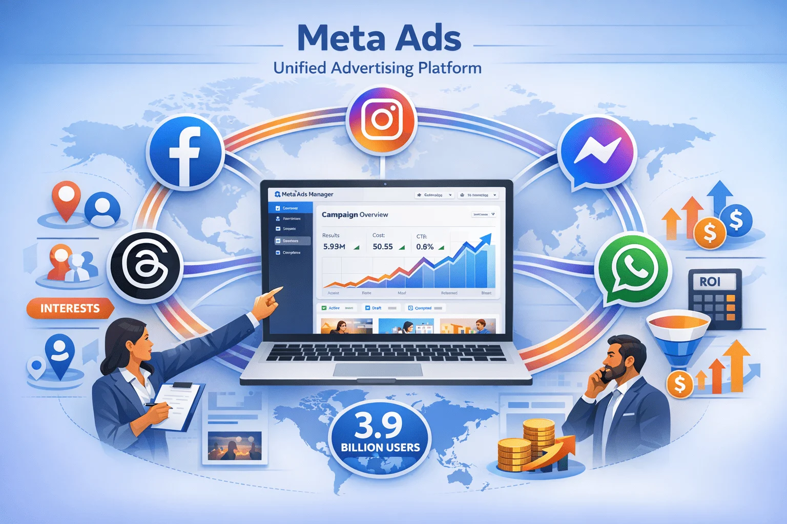 Meta Ads platform ecosystem showing unified advertising across Facebook, Instagram, Messenger, WhatsApp, and Threads with 3.9 billion user reach managed through single Ads Manager dashboard