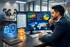 Indian entrepreneur reviewing GDPR + CCPA compliance dashboard while creating privacy statement for website.