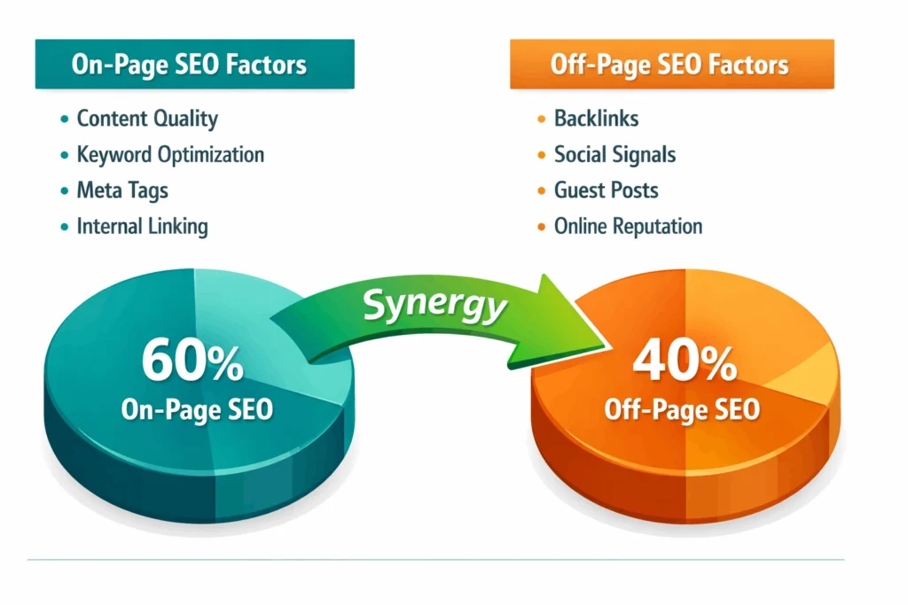 Infographic comparing on-page and off-page SEO ranking weights