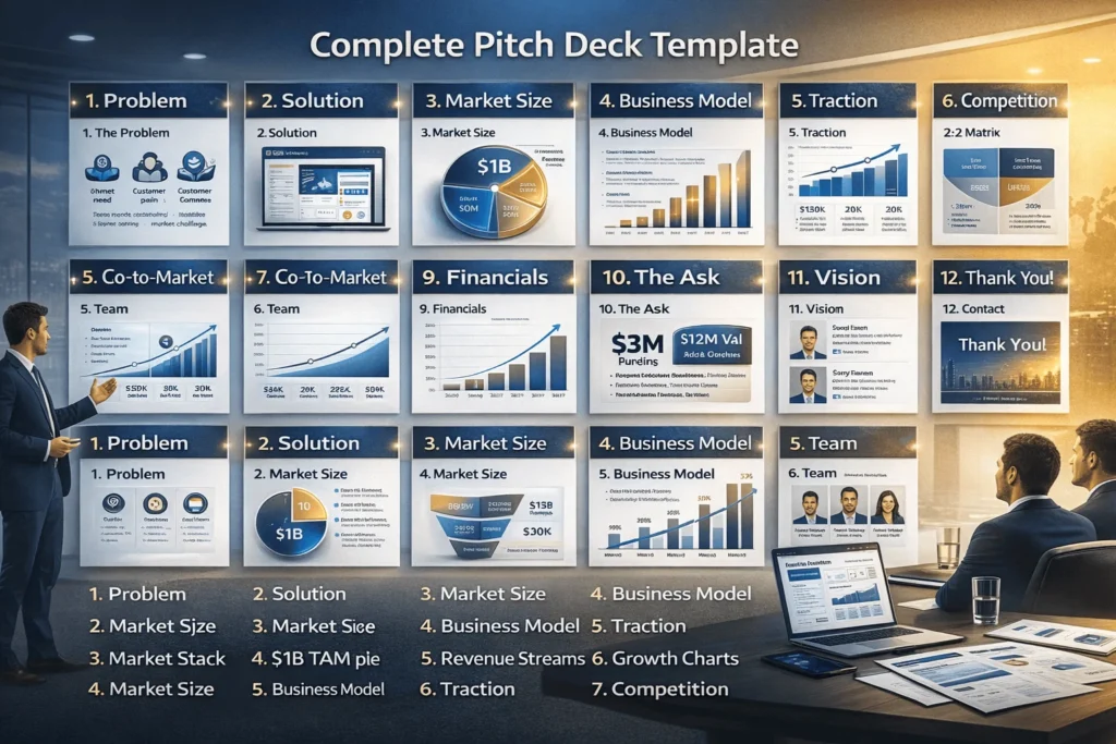 12-slide startup pitch deck template layout showing Problem, Solution, Market Size, Traction, Competition, Team, Financials, The Ask structure with example content visuals