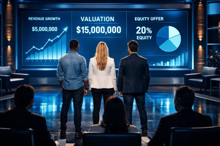 Startup founders pitching to investors on a Shark Tank-style stage with valuation charts.