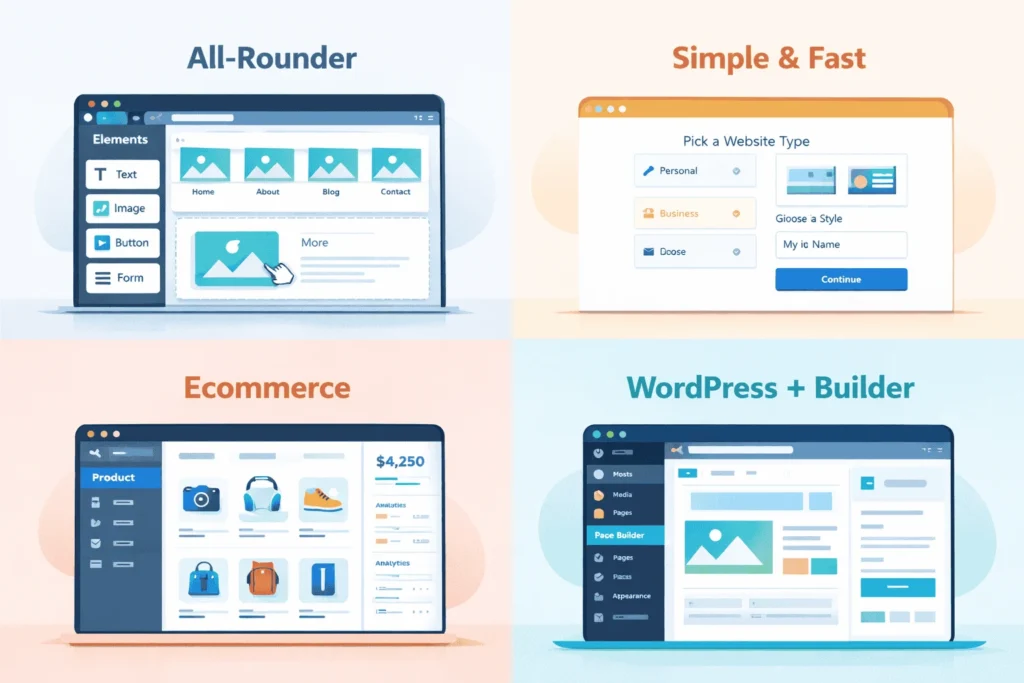 Four quadrants illustrating all-rounder, simple, ecommerce, and WordPress + builder website platforms