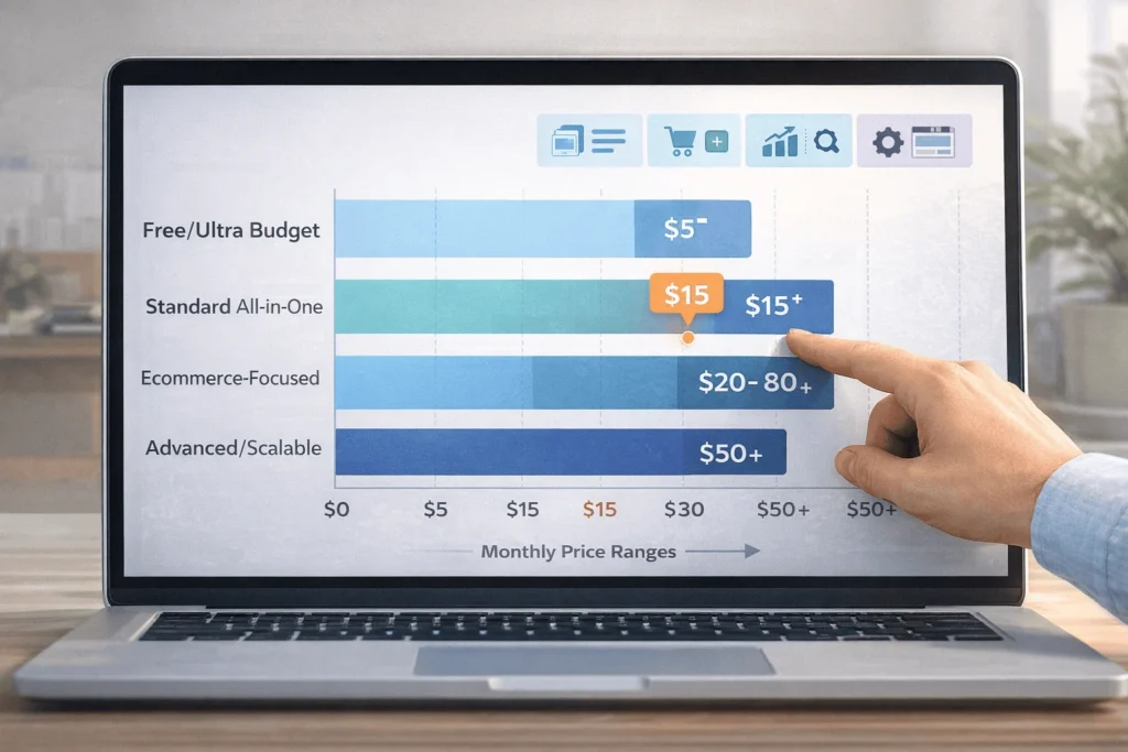 Horizontal bar chart on a laptop screen visualizing monthly price ranges and feature levels for different categories of website builders