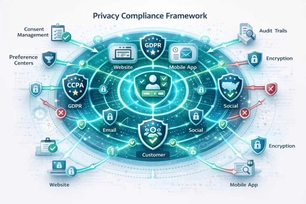 Circular privacy compliance framework showing customer at center protected by consent, data collection, regulatory, and process layers.