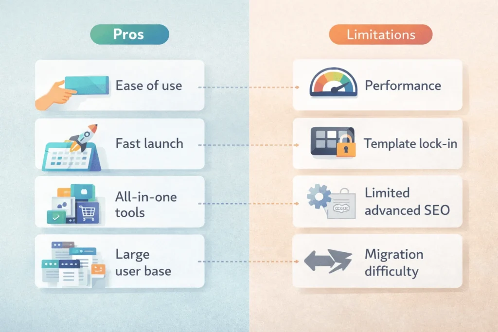 Infographic splitting the main pros of Wix websites—ease of use, fast launch, built-in tools—from limitations like performance challenges, template lock-in, and limited advanced SEO control
