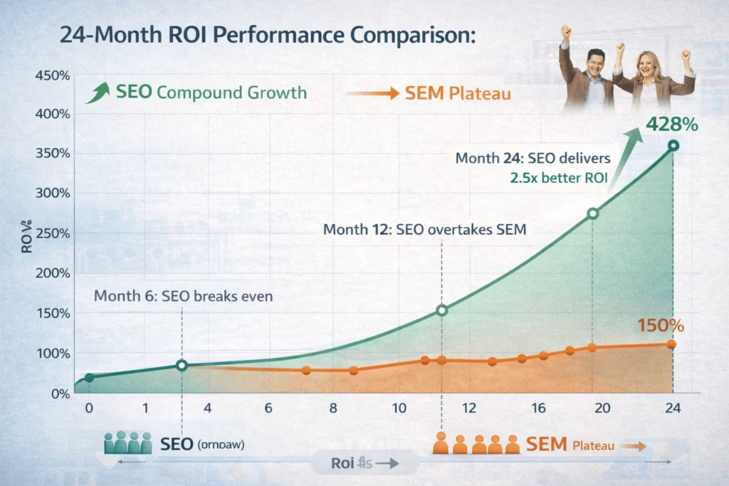 24-month ROI comparison showing SEO starting flat then reaching 428% ROI versus SEM delivering immediate but flat 150% ROI, demonstrating long-term SEO advantage