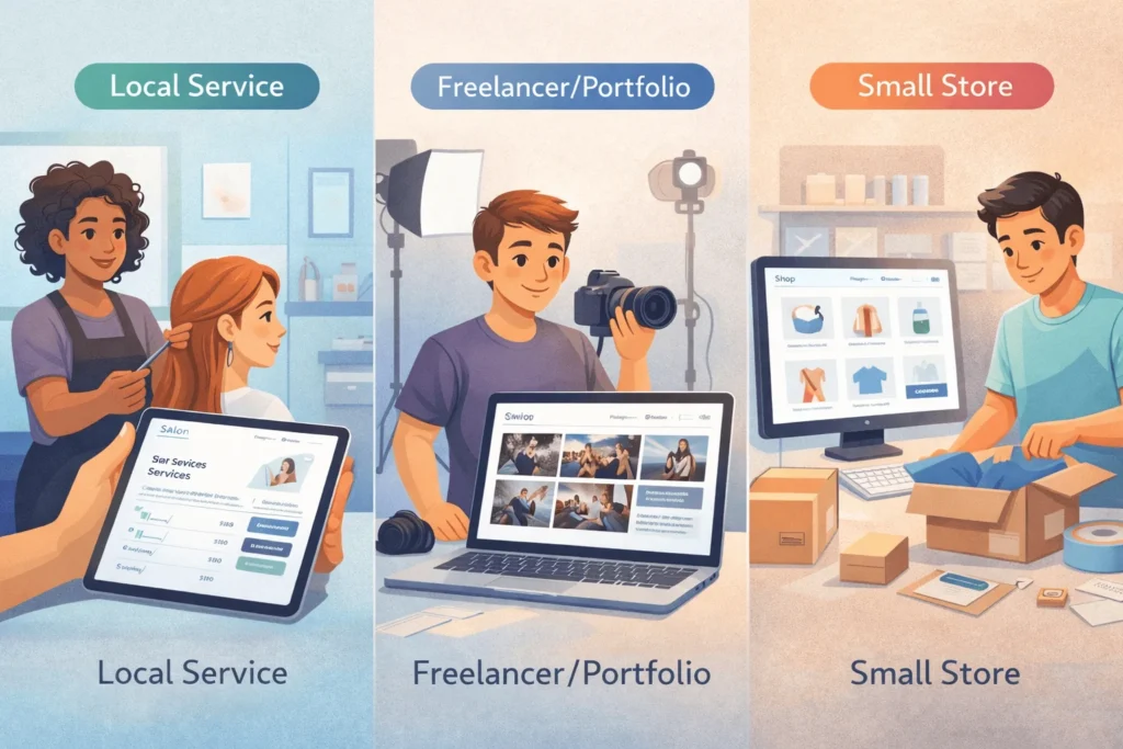 Three scenes of a salon, a freelancer, and a small online shop using Wix-style websites for bookings, portfolio, and simple ecommerce