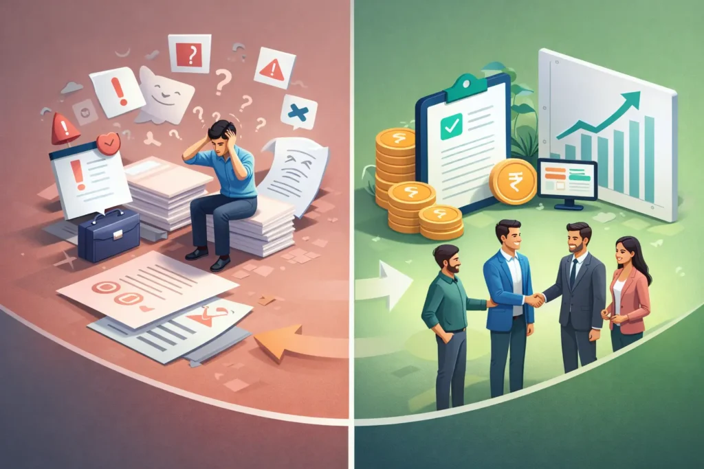 Split‑screen illustration comparing unregistered and GST‑registered startup outcomes.