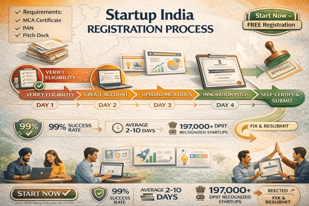 Startup India registration 6-step flowchart timeline showing eligibility verification (Day 1), account creation (Day 2), document upload (Day 3), pitch deck submission (Day 4), application review (Days 5-15) with 99% approval rate