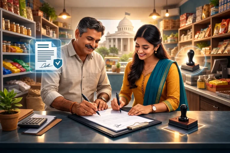 Two Indian small business partners signing a partnership deed inside a shop, symbolising partnership firm registration.