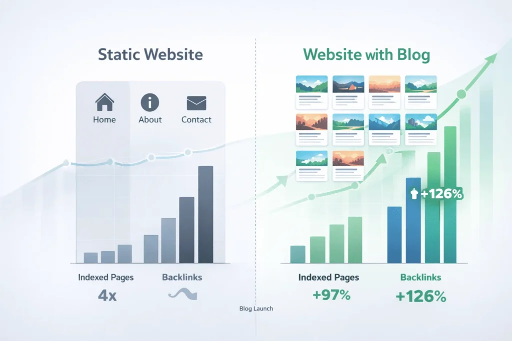 Comparison graphic showing a static website with low indexed pages, backlinks, and leads versus a website with a blog showing much higher metrics and traffic growth