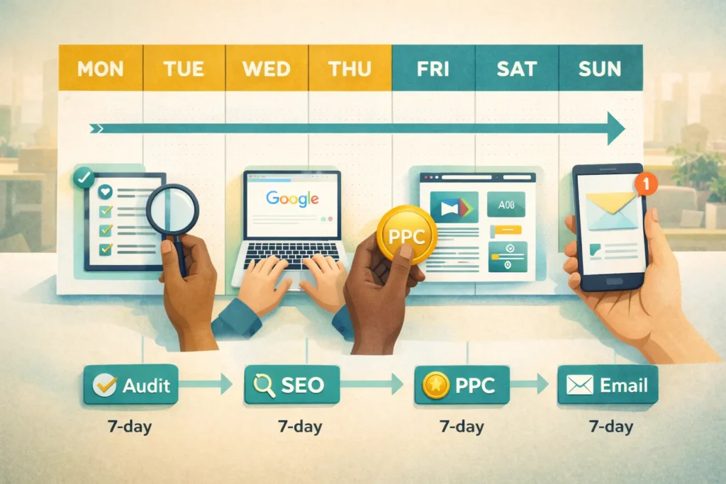 7-day timeline for small business digital marketing setup.