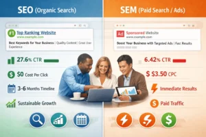 SEO vs SEM comparison showing organic search (#1 position, 27.6% CTR, $0 cost) versus paid search ads (6.42% CTR, $3.50 CPC, immediate results)