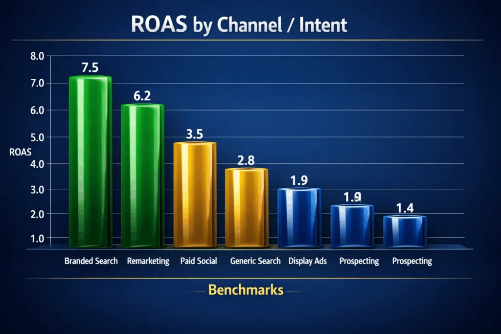 B2B SEM ROAS benchmarks by funnel stage