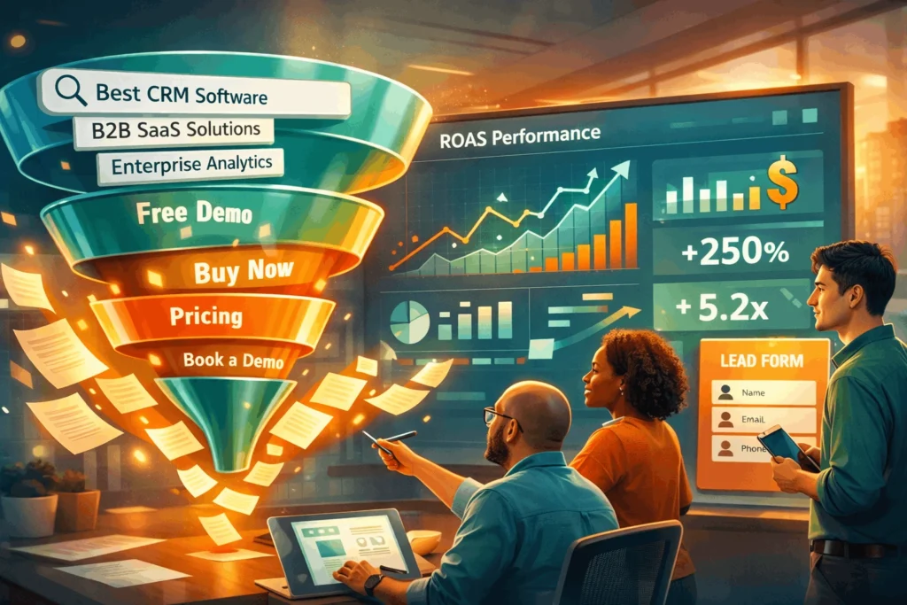 SEM funnel mapping high-intent keywords to lead conversion