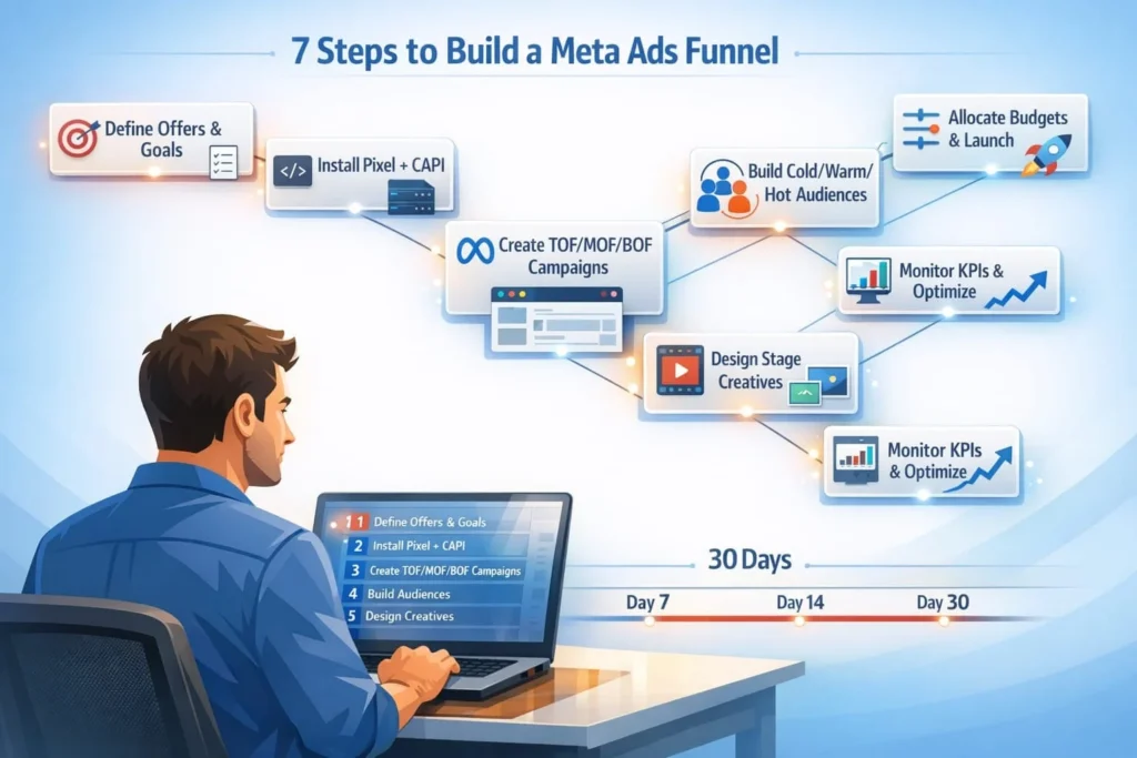 Flowchart of seven steps to set up a Meta Ads funnel from defining offers and installing Pixel+CAPI to launching TOF/MOF/BOF campaigns and optimizing KPIs over 30 days