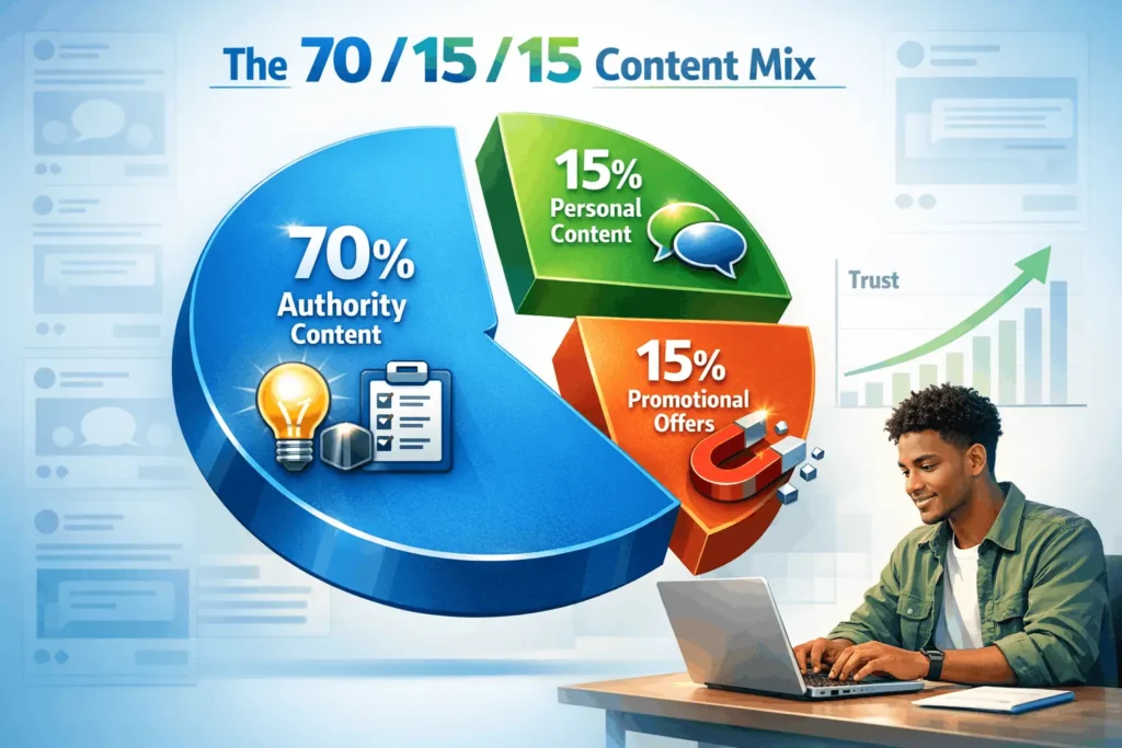 Exploded 70/15/15 pie chart for social media authority content mix