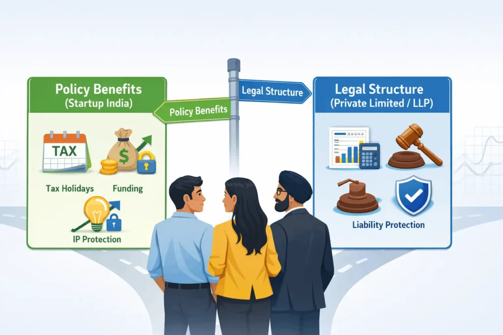 Conceptual diagram showing Startup India policy benefits vs private legal structures