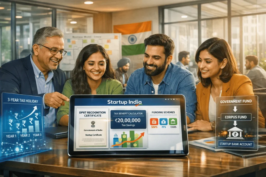 Diverse Indian startup founders reviewing Startup India benefits on digital tablet showing DPIIT recognition, tax exemptions, and funding schemes.