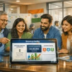 Diverse Indian startup founders reviewing Startup India benefits on digital tablet showing DPIIT recognition, tax exemptions, and funding schemes.