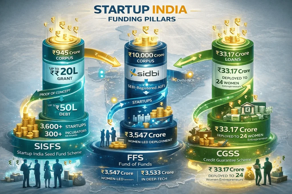 Three Startup India funding pillars visualization showing SISFS seed funding, FFS venture capital, and CGSS loan schemes with corpus amounts and deployment statistics.