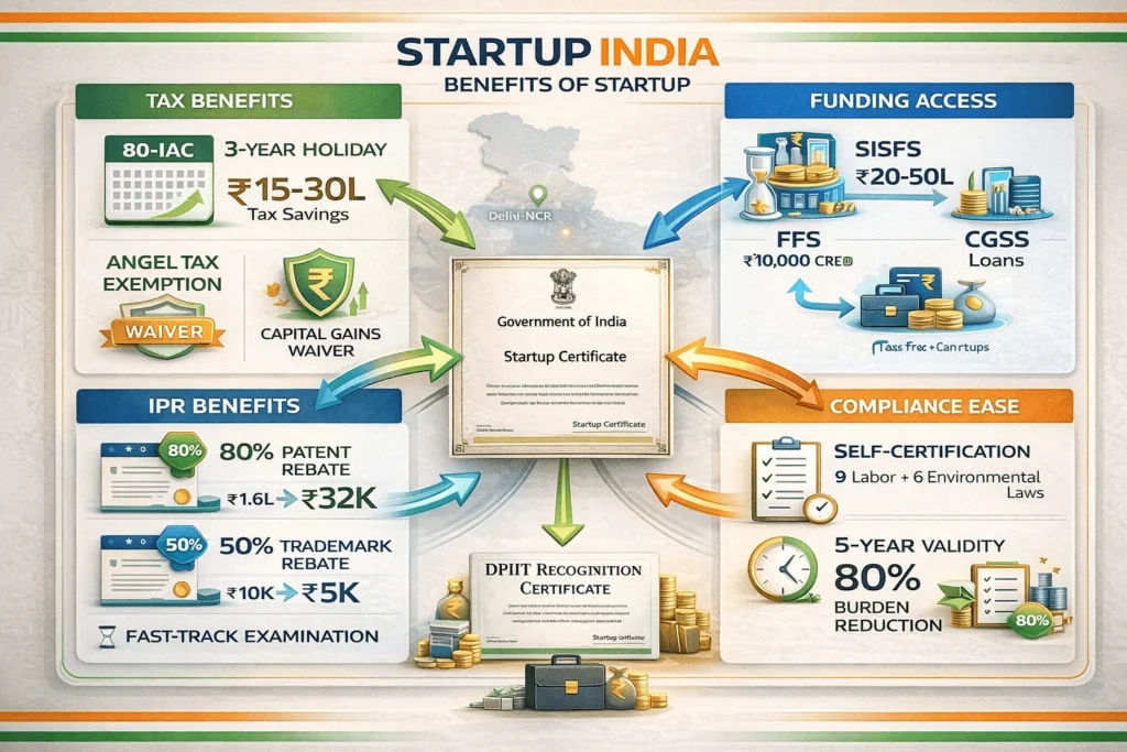 Startup India benefits matrix showing tax exemptions, funding access, IPR rebates, and compliance simplifications with specific savings amounts and timelines.