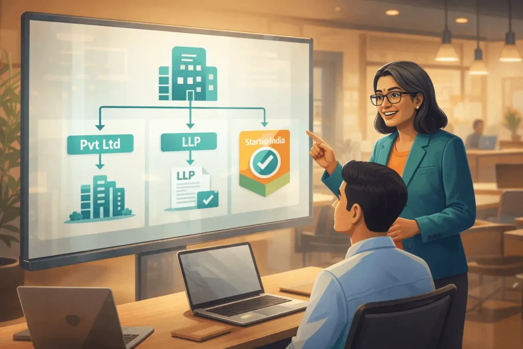 Founder and mentor analysing a decision tree for choosing Startup India plus private registration