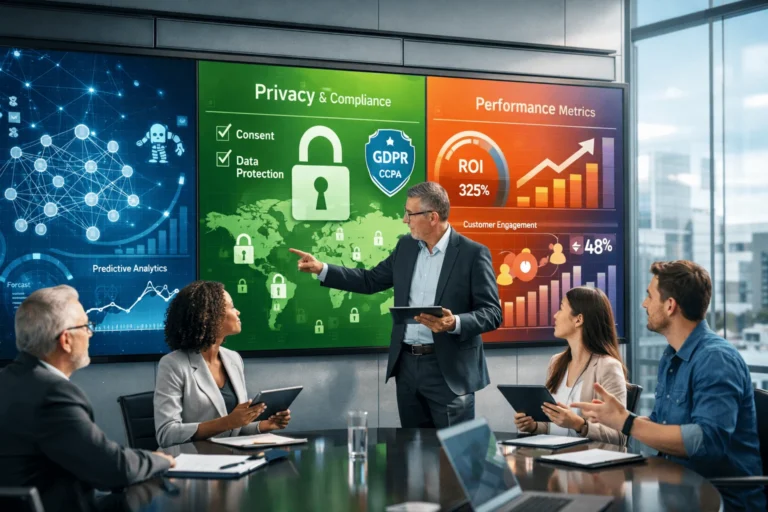 Marketing team analyzing AI automation, privacy compliance, and growth metrics on interactive digital wall display.