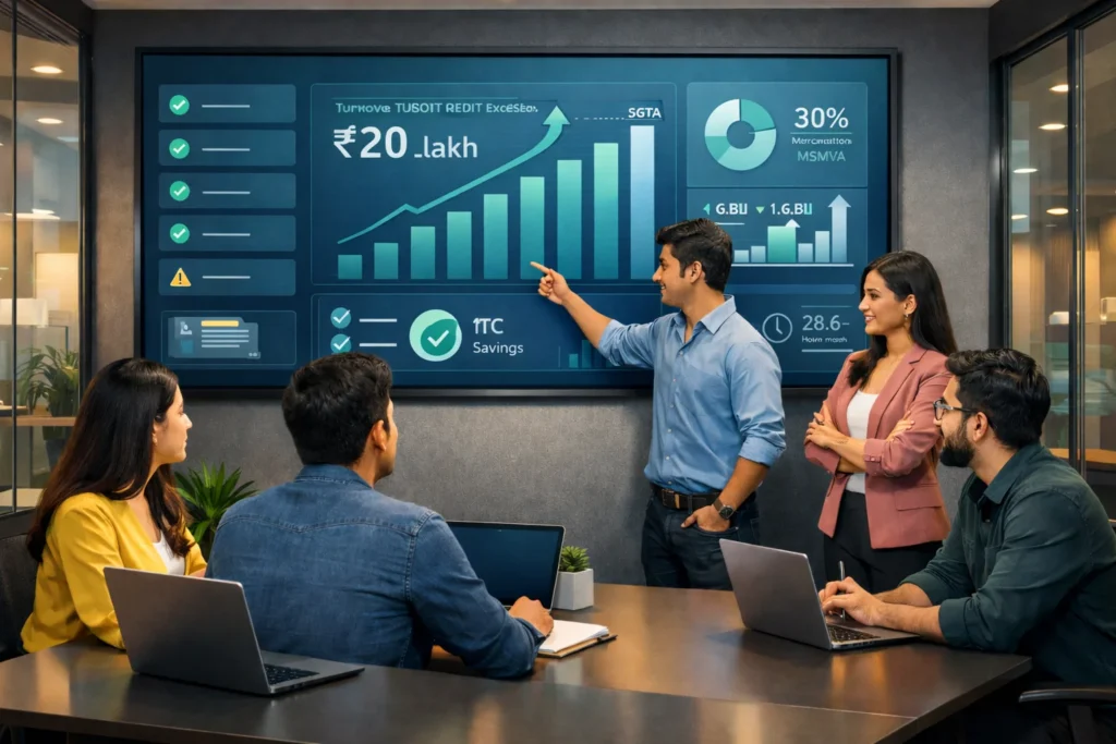 Startup founders in a modern office reviewing GST compliance dashboard on a large screen.