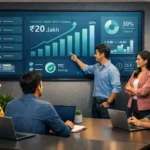Startup founders in a modern office reviewing GST compliance dashboard on a large screen.