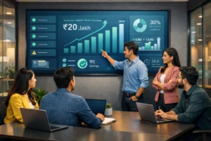 Startup founders in a modern office reviewing GST compliance dashboard on a large screen.