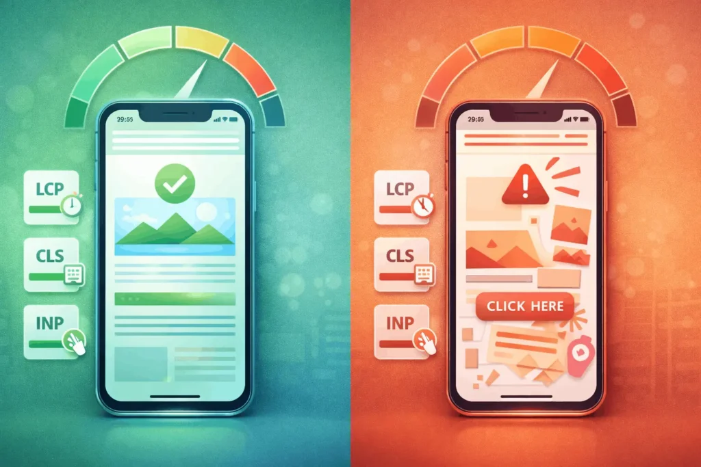 Comparison of fast, stable mobile page vs slow, unstable page with Core Web Vitals icons