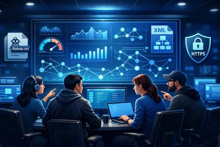 Technical SEO team monitoring crawl, index, and Core Web Vitals dashboards