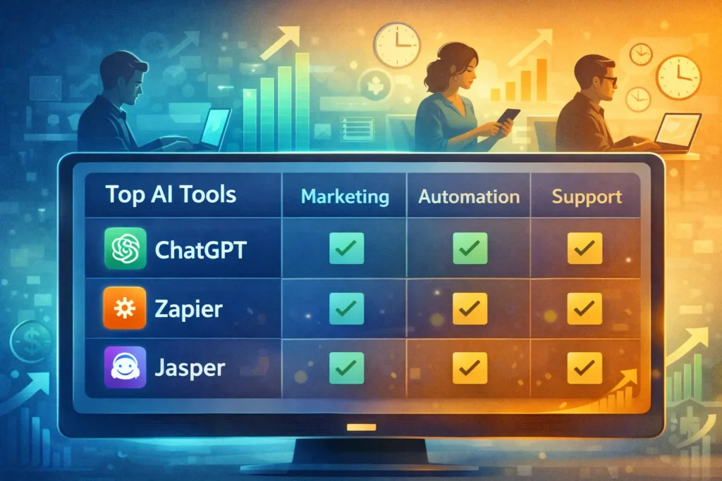  Comparison table of best AI tools for small businesses with icons and stats.