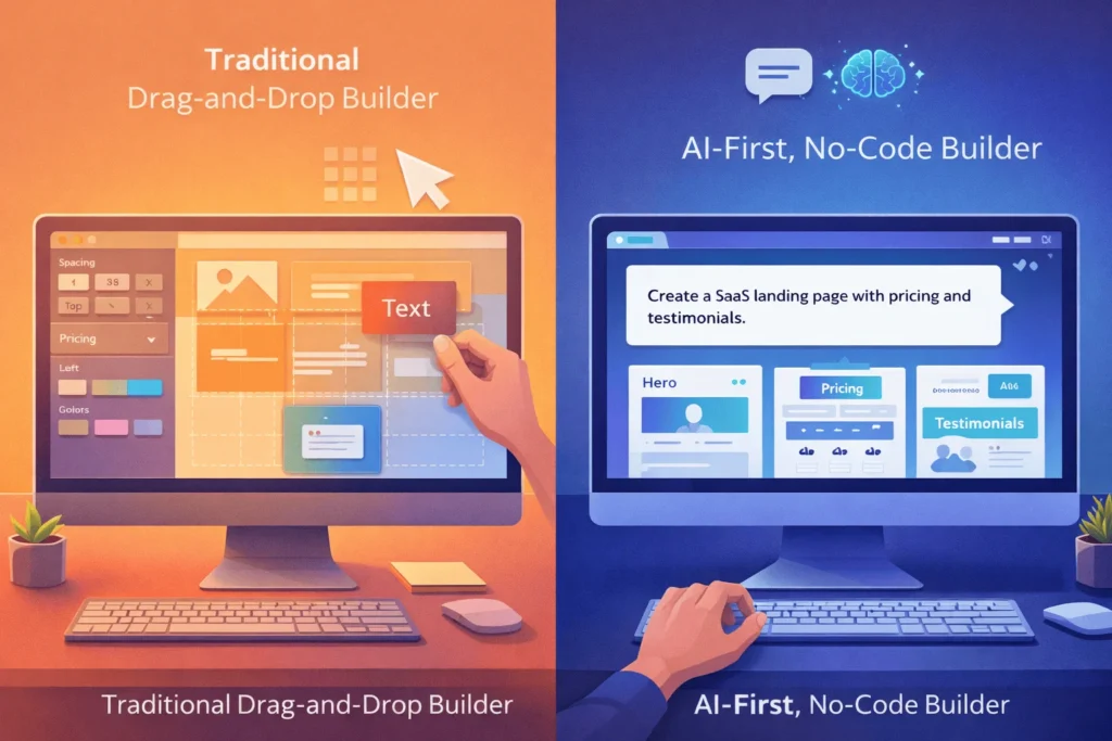 Side-by-side illustration showing a manual drag-and-drop builder on one side and an AI prompt-based website builder on the other