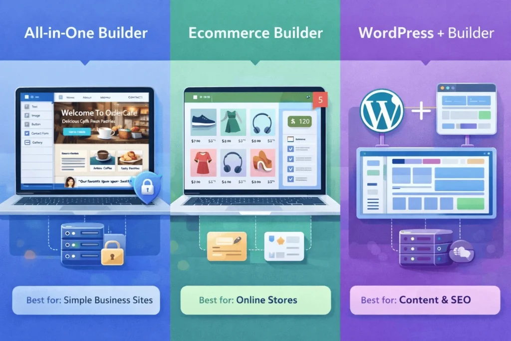 Three panels comparing all-in-one website builders, ecommerce builders, and WordPress with a visual page builder, each with a different interface and use-case label